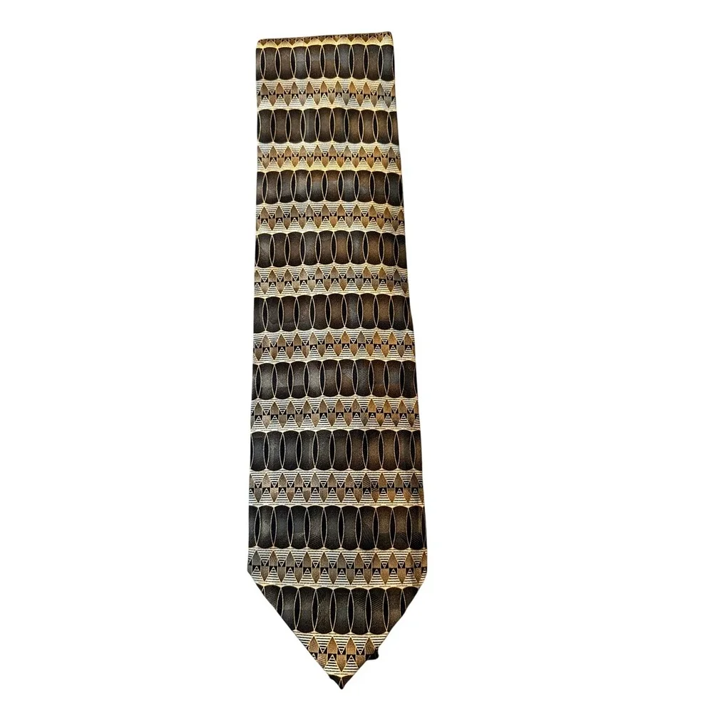Di Maggio Tie Mens Brown Bronze Gold‎ Geometric Silk Hand Made Necktie 4in Wide
